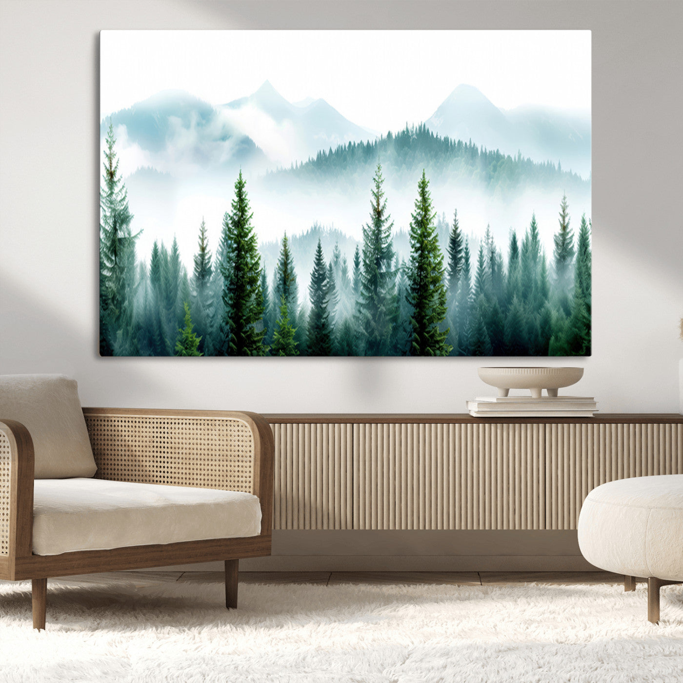 16716676-MGV-CV-36X24-Pine Forest Wall Art Canvas Print, Framed Misty Mountains Art Picture Print, Foggy Trees Perfect Moody Forest Decor Artwork