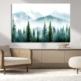 16716676-MGV-CV-36X24-Pine Forest Wall Art Canvas Print, Framed Misty Mountains Art Picture Print, Foggy Trees Perfect Moody Forest Decor Artwork