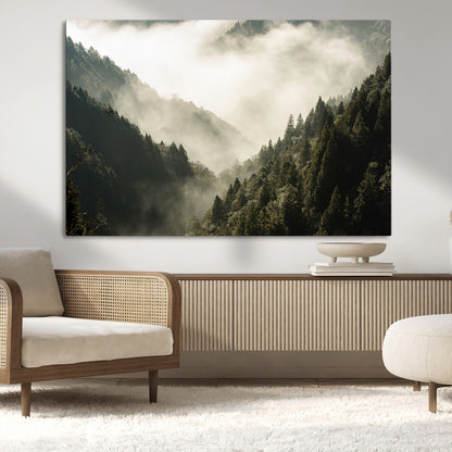57570237-MGV-CV-36X24-Misty Valley Wall Art Canvas Print, Framed Foggy Forest Art Picture Print, Pine Trees Perfect Moody Woodland Decor Artwork