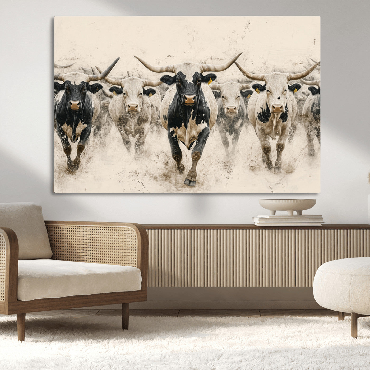 61538944-MGV-CV-36X24-Texas Longhorn Wall Art Canvas Print, Framed Cattles Walking Art Picture Print, Black White Bulls Perfect Rustic Western Decor