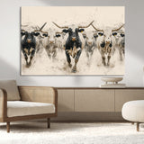 61538944-MGV-CV-36X24-Texas Longhorn Wall Art Canvas Print, Framed Cattles Walking Art Picture Print, Black White Bulls Perfect Rustic Western Decor