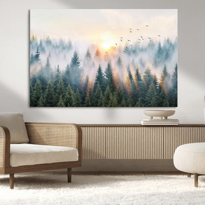 92718976-MGV-CV-36X24-Misty Forest Wall Art Canvas Print, Framed Sunrise Pines Art Picture Print, Foggy Woodland Perfect Moody Woodland Decor Artwork