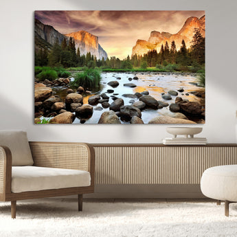 90956031-MGV-CV-36X24-Yosemite Valley Wall Art – Scenic Mountain River Landscape Canvas Print, Nature Photography for Living Room, Bedroom, Cabin,