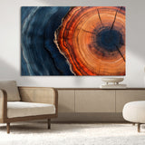 57732250-MGV-CV-36X24-Tree Ring Abstract Wall Art – Blue Orange Wood Grain Canvas Print, Modern Rustic Nature Artwork for Living Room, Office,