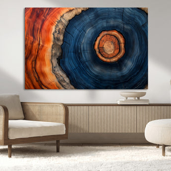 72209152-MGV-CV-36X24-Abstract Tree Ring Wall Art – Vibrant Blue Orange Wood Grain Canvas Print, Rustic Modern Nature Artwork for Living Room, Office,