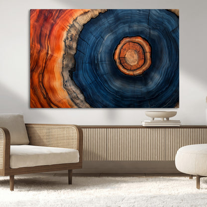 72209152-MGV-CV-36X24-Abstract Tree Ring Wall Art – Vibrant Blue Orange Wood Grain Canvas Print, Rustic Modern Nature Artwork for Living Room, Office,