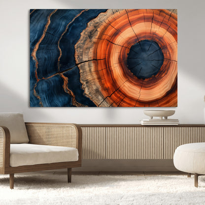 41123192-MGV-CV-36X24-Tree Ring Canvas Wall Art – Abstract Blue Orange Wood Grain Print, Rustic Modern Nature Artwork for Living Room, Bedroom, Office