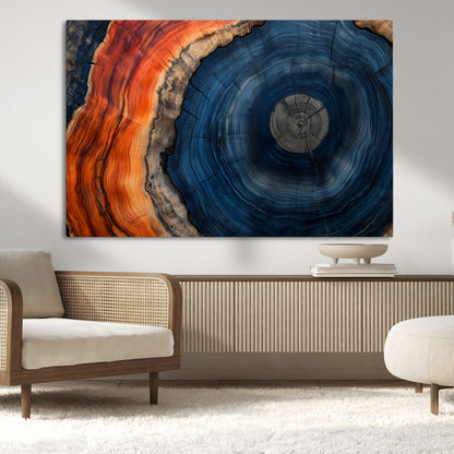 99491700-MGV-CV-36X24-Tree Ring Canvas Wall Art – Blue Orange Abstract Wood Grain Print, Rustic Modern Nature Artwork for Living Room, Office, Bedroom