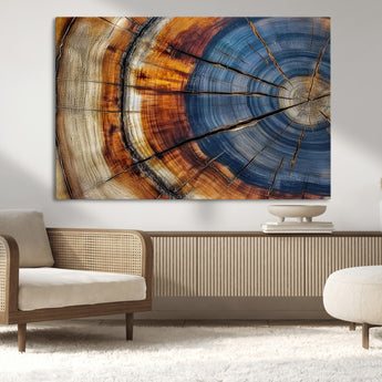 18032999-MGV-CV-36X24-Tree Ring Wall Art – Blue Brown Abstract Wood Slice Canvas Print, Rustic Modern Nature Decor for Living Room, Office, Bedroom or