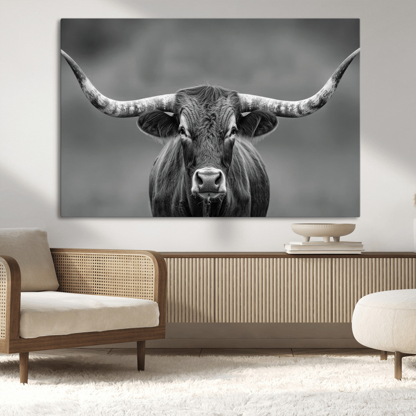 81228550-MGV-CV-36X24-Framed Texas Longhorn Bull Art Canvas Print, Western Bull Wall Art Print, Long Horn Bull Photo Print for Log Cabin, Large Bull