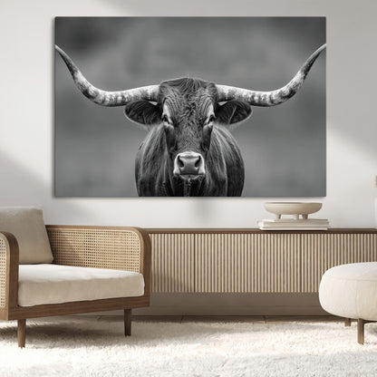 81228550-MGV-CV-36X24-Framed Texas Longhorn Bull Art Canvas Print, Western Bull Wall Art Print, Long Horn Bull Photo Print for Log Cabin, Large Bull