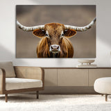 12179171-MGV-CV-36X24-Texas Longhorn Wall Art Canvas Print, Framed Brown Bull Art Picture Print, Lone Cattle Perfect Rustic Western Decor Artwork