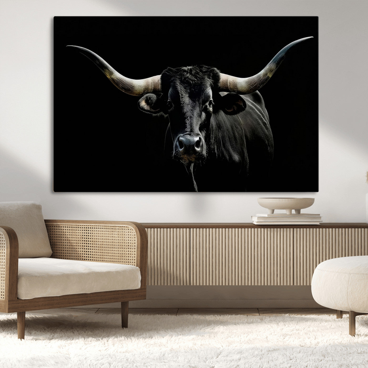 37531960-MGV-CV-36X24-Black Longhorn Bull Wall Art – Dramatic Western Cattle Canvas Print, Rustic Farmhouse Animal Artwork for Living Room, Bedroom,