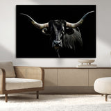 37531960-MGV-CV-36X24-Black Longhorn Bull Wall Art – Dramatic Western Cattle Canvas Print, Rustic Farmhouse Animal Artwork for Living Room, Bedroom,