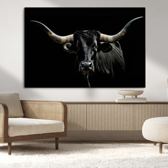 37531960-MGV-CV-36X24-Black Longhorn Bull Wall Art – Dramatic Western Cattle Canvas Print, Rustic Farmhouse Animal Artwork for Living Room, Bedroom,