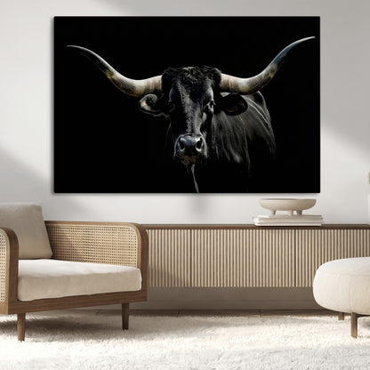 37531960-MGV-CV-36X24-Black Longhorn Bull Wall Art – Dramatic Western Cattle Canvas Print, Rustic Farmhouse Animal Artwork for Living Room, Bedroom,