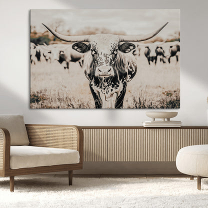 27497342-MGV-CV-36X24-Texas Longhorn Wall Art Canvas Print, Framed Speckled Cow Art Picture Print, Horned Cattle Perfect Rustic Western Decor Artwork