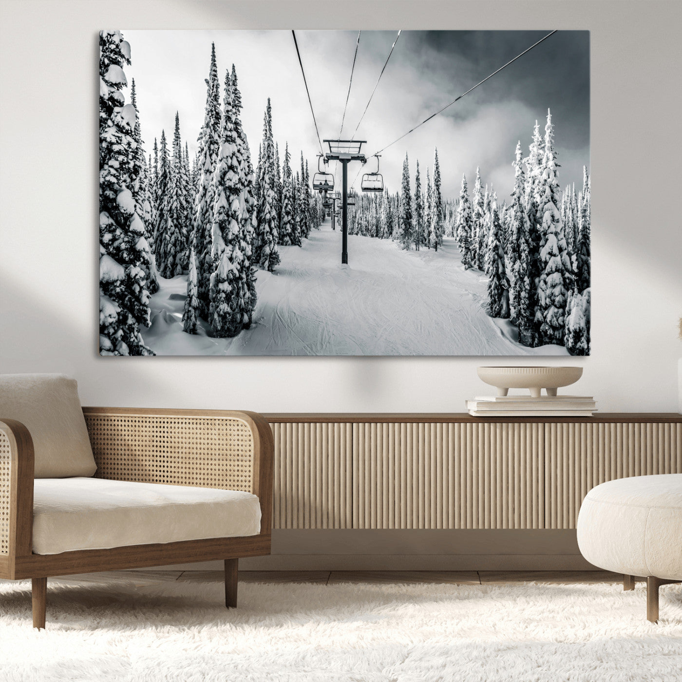 31156828-MGV-CV-36X24-Snowy Pines Wall Art Canvas Print, Framed Ski Lift Art Picture Print, Winter Forest Perfect Moody Lodge Decor Artwork
