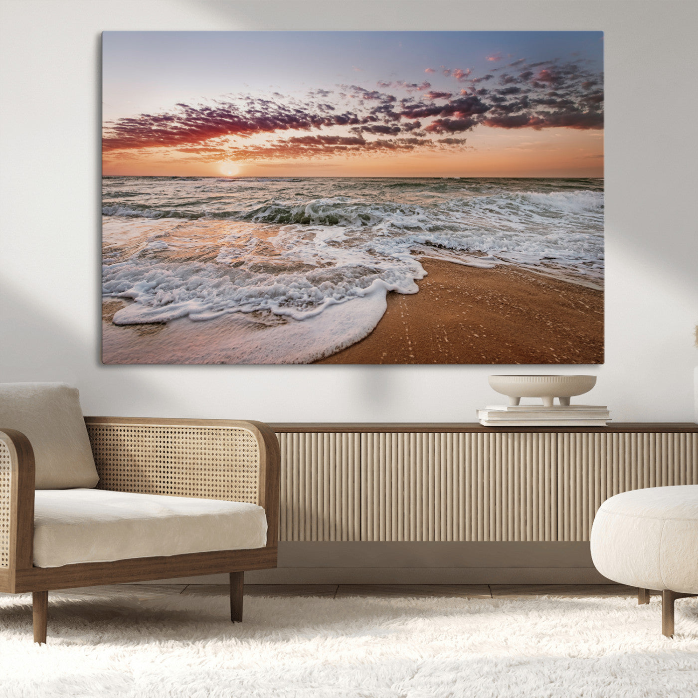 39846389-MGV-CV-36X24-Ocean Sunset Wall Art Canvas Print, Framed Sandy Shore Art Picture Print, Gentle Waves Perfect Minimalist Coastal Decor Artwork