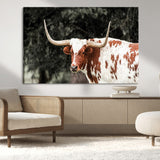 54027638-MGV-CV-36X24-Texas Longhorn Wall Art Canvas Print, Framed Spotted Cow Art Picture Print, Horned Bull Perfect Rustic Western Decor Artwork