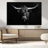 42077175-MGV-CV-36X24-Texas Longhorn Wall Art Canvas Print, Framed Monochrome Bull Art Picture Print, Horned Bull Perfect Rustic Western Decor Artwork