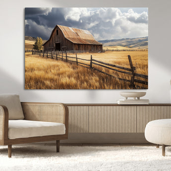 38758826-MGV-CV-36X24-Rustic Barn Wall Art Canvas Print, Framed Moody Barn Art Picture Print, Golden Field Perfect Rustic Farmhouse Decor Artwork