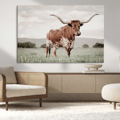 28309012-MGV-CV-36X24-Texas Longhorn Wall Art Canvas Print, Framed Spotted Cattle Art Picture Print, Horned Bull Perfect Rustic Western Decor Artwork