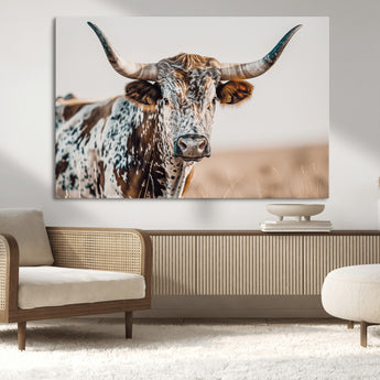 70414966-MGV-CV-36X24-Texas Longhorn Wall Art Canvas Print, Framed Speckled Cow Art Picture Print, Horned Bull Perfect Rustic Western Decor Artwork