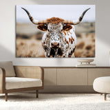 76294381-MGV-CV-36X24-Texas Longhorn Wall Art Canvas Print, Framed Spotted Cow Art Picture Print, Horned Cattle Perfect Rustic Western Decor Artwork