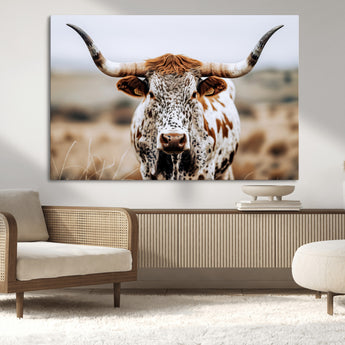 76294381-MGV-CV-36X24-Texas Longhorn Wall Art Canvas Print, Framed Spotted Cow Art Picture Print, Horned Cattle Perfect Rustic Western Decor Artwork