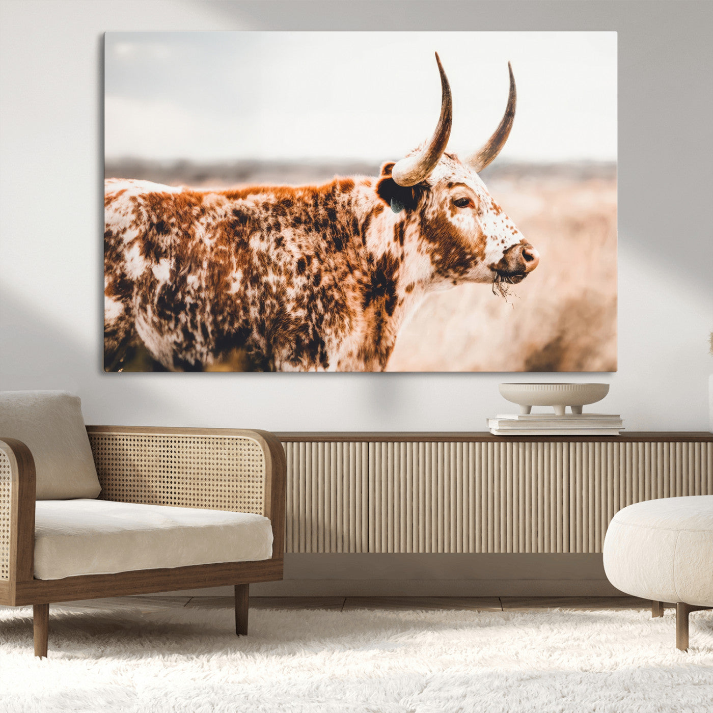 11528295-MGV-CV-36X24-Speckled Longhorn Wall Art Canvas Print, Framed Texas Cattle Art Picture Print, Horned Cow Perfect Rustic Western Decor Artwork