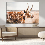 11528295-MGV-CV-36X24-Speckled Longhorn Wall Art Canvas Print, Framed Texas Cattle Art Picture Print, Horned Cow Perfect Rustic Western Decor Artwork