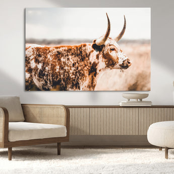11528295-MGV-CV-36X24-Speckled Longhorn Wall Art Canvas Print, Framed Texas Cattle Art Picture Print, Horned Cow Perfect Rustic Western Decor Artwork