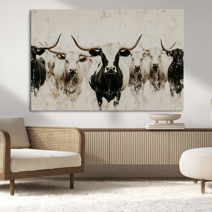 12027562-MGV-CV-36X24-Longhorn Cattle Wall Art Canvas Print, Framed Bison Herd Art Picture Print, Cattle Group Perfect Rustic Farmhouse Decor Artwork