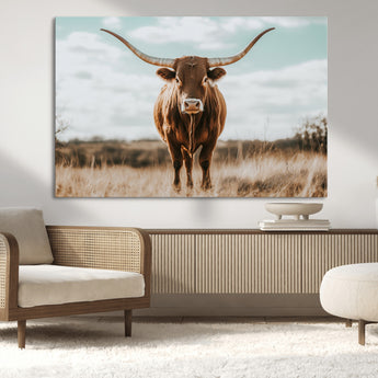 39350715-MGV-CV-36X24-Texas Longhorn Wall Art Canvas Print, Framed Longhorn Cow Art Picture Print, Western Cattle Perfect Rustic Western Decor Artwork