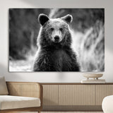 MGV-CV-36X24 - Grizzly Bear Wall Art Canvas Print, Framed Black White Bear Art Picture Print, Wild Bear Perfect Rustic Wildlife Decor Artwork