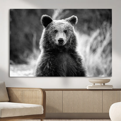 MGV-CV-36X24 - Grizzly Bear Wall Art Canvas Print, Framed Black White Bear Art Picture Print, Wild Bear Perfect Rustic Wildlife Decor Artwork