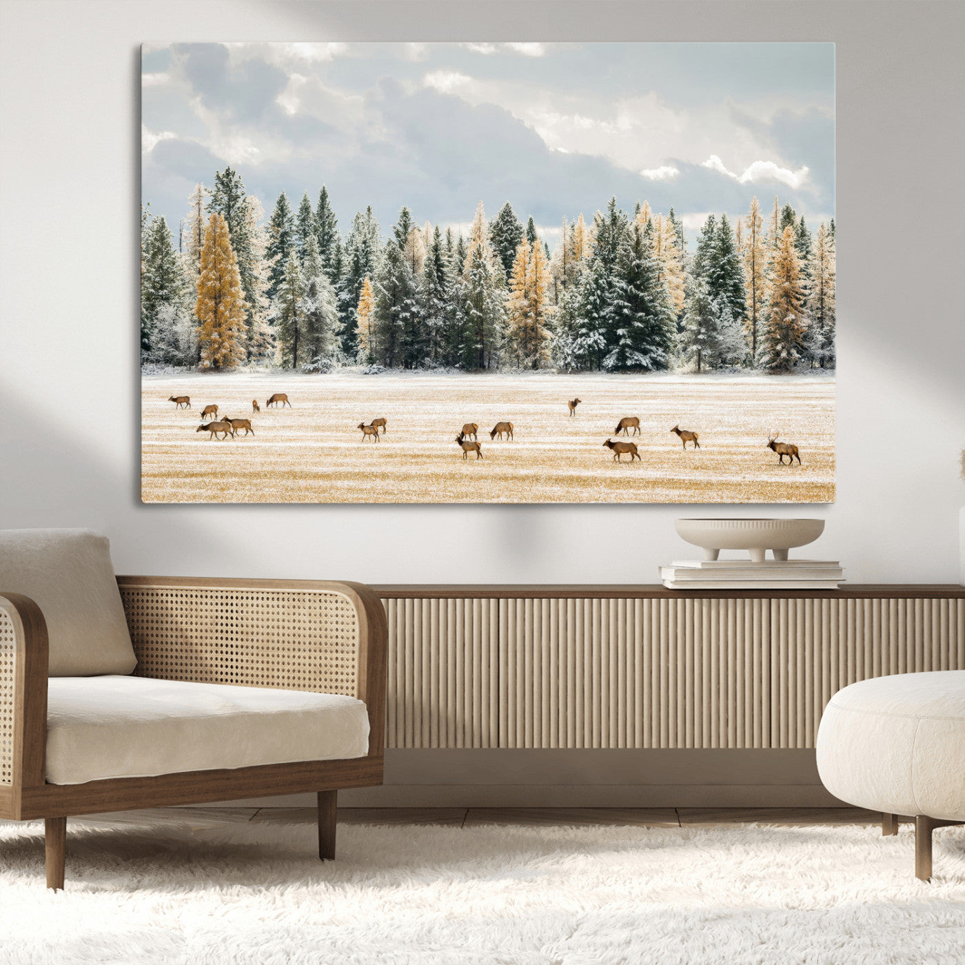 64188182-MGV-CV-36X24-Elk Herd Wall Art Canvas Print, Framed Snowy Forest Art Picture Print, Forest Elks Perfect Neutral Rustic Decor Artwork