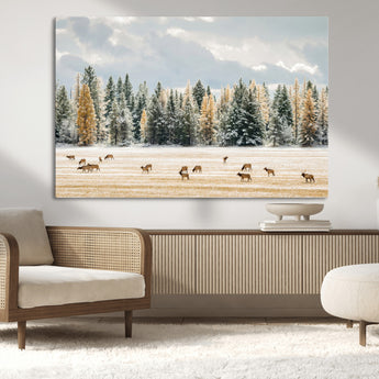64188182-MGV-CV-36X24-Elk Herd Wall Art Canvas Print, Framed Snowy Forest Art Picture Print, Forest Elks Perfect Neutral Rustic Decor Artwork
