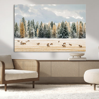 64188182-MGV-CV-36X24-Elk Herd Wall Art Canvas Print, Framed Snowy Forest Art Picture Print, Forest Elks Perfect Neutral Rustic Decor Artwork