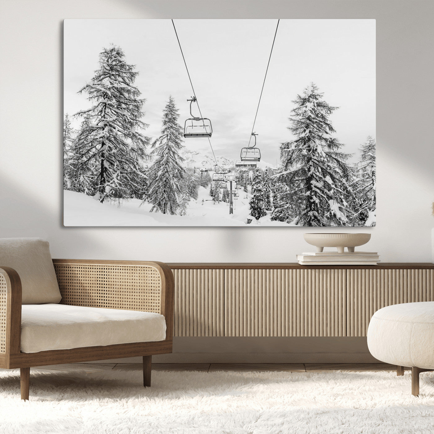 55003599-MGV-CV-36X24-Snowy Ski Lift Wall Art Canvas Print, Framed Winter Forest Art Picture Print, Ski lift Ride Perfect Winter Lodge Decor Artwork