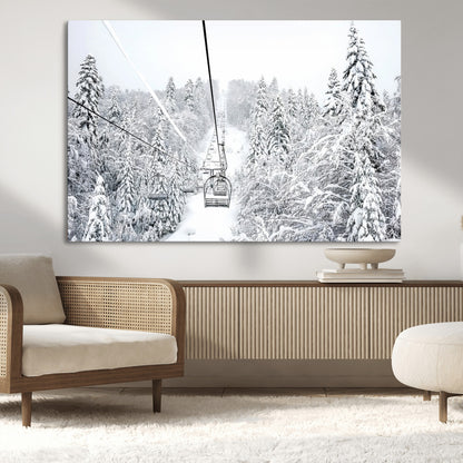 60296839-MGV-CV-36X24-Snowy Mountains Wall Art Canvas Print, Framed Ski Lift Art Picture Print, Winter Forest Perfect Winter Minimalist Decor Artwork