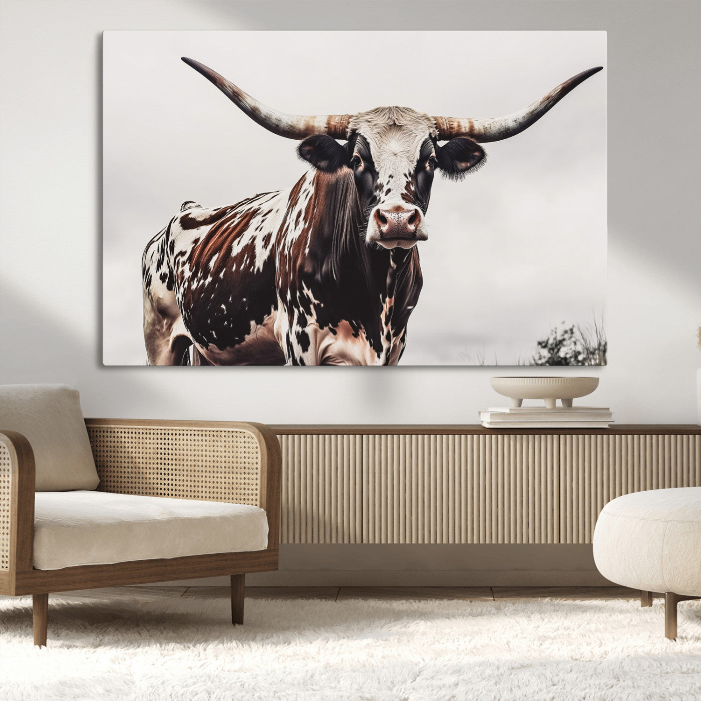95249234-MGV-CV-36X24-Texas Longhorn Wall Art Canvas Print, Framed Spotted Bull Art Picture Print, Horned Cattle Perfect Rustic Farmhouse Decor Artwork
