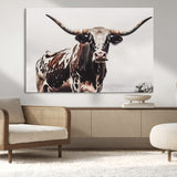 95249234-MGV-CV-36X24-Texas Longhorn Wall Art Canvas Print, Framed Spotted Bull Art Picture Print, Horned Cattle Perfect Rustic Farmhouse Decor Artwork