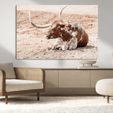 91248682-MGV-CV-36X24-Texas Longhorn Wall Art Canvas Print, Framed Resting Bull Art Picture Print, Spotted Cattle Perfect Rustic Western Decor Artwork