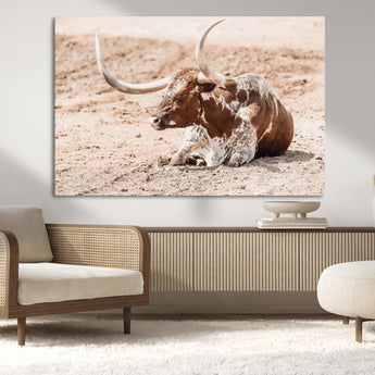 91248682-MGV-CV-36X24-Texas Longhorn Wall Art Canvas Print, Framed Resting Bull Art Picture Print, Spotted Cattle Perfect Rustic Western Decor Artwork