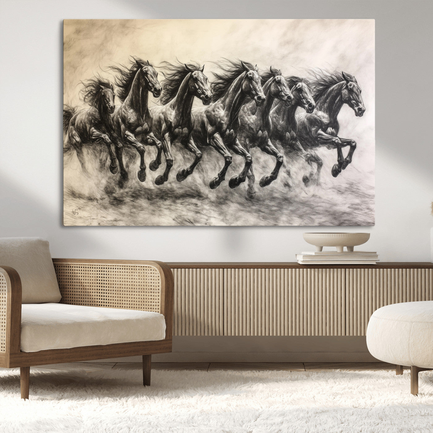 56089591-MGV-CV-36X24-Galloping Horses Wall Art Canvas Print, Framed Wild Stallions Art Picture Print, Horse Herd Sketch Perfect Monochrome Dynamic