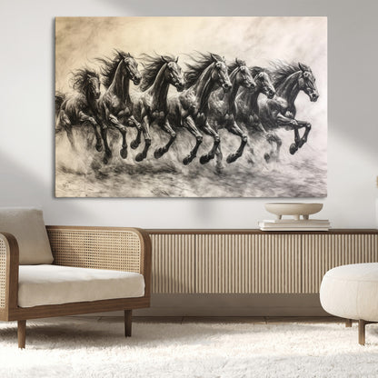 56089591-MGV-CV-36X24-Galloping Horses Wall Art Canvas Print, Framed Wild Stallions Art Picture Print, Horse Herd Sketch Perfect Monochrome Dynamic