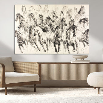 19433417-MGV-CV-36X24-Running Horses Wall Art Canvas Print, Framed Horse Sketch Art Picture Print, Galloping Herd Perfect Monochrome Western Decor