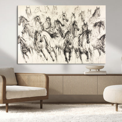 19433417-MGV-CV-36X24-Running Horses Wall Art Canvas Print, Framed Horse Sketch Art Picture Print, Galloping Herd Perfect Monochrome Western Decor